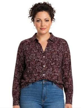Croft & Barrow Maroon Pasley V-neck Roll Tab Sleeve Button Down Shirt Size 1X